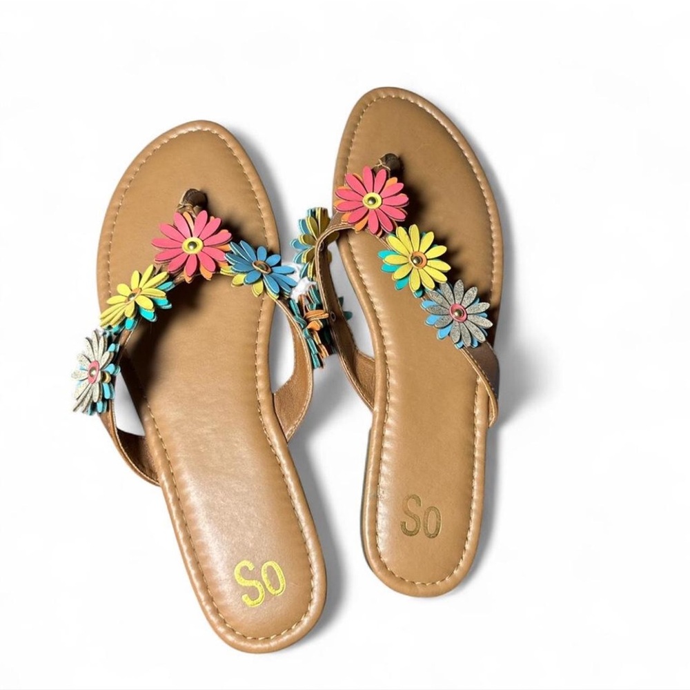SO Tan Sandals with Multicolor Floral Accents